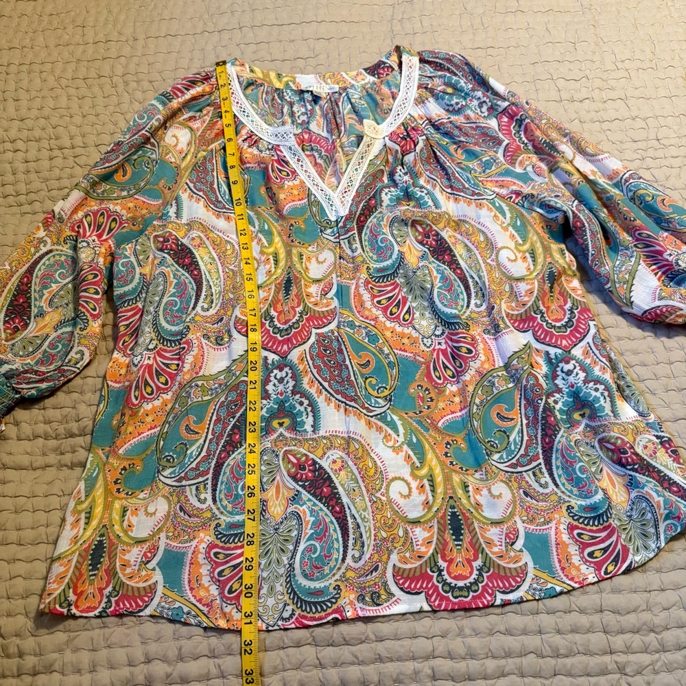 Spense Women Colorful Paisley Flowy Tunic Blouse Size 2X. Crochet neckline. - Picture 11 of 11